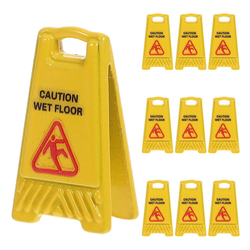 10pcs Mini Caution Wet Floor Signs Miniature Dollhouse Accessories Tiny Realistic Traffic Safety Slippery Warning Signs for Role Playing Game and Model Collections