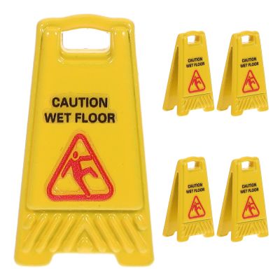 5pcs Mini Caution Wet Floor Signs Miniature Dollhouse Accessories Yellow Tiny Realistic Traffic Safety Slippery Warning Signs for Role Playing Game Model Collections