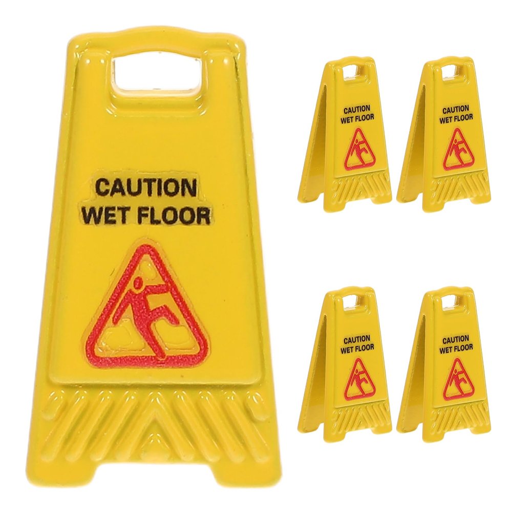 5pcs Mini Caution Wet Floor Signs Miniature Dollhouse Accessories Yellow Tiny Realistic Traffic Safety Slippery Warning Signs for Role Playing Game Model Collections