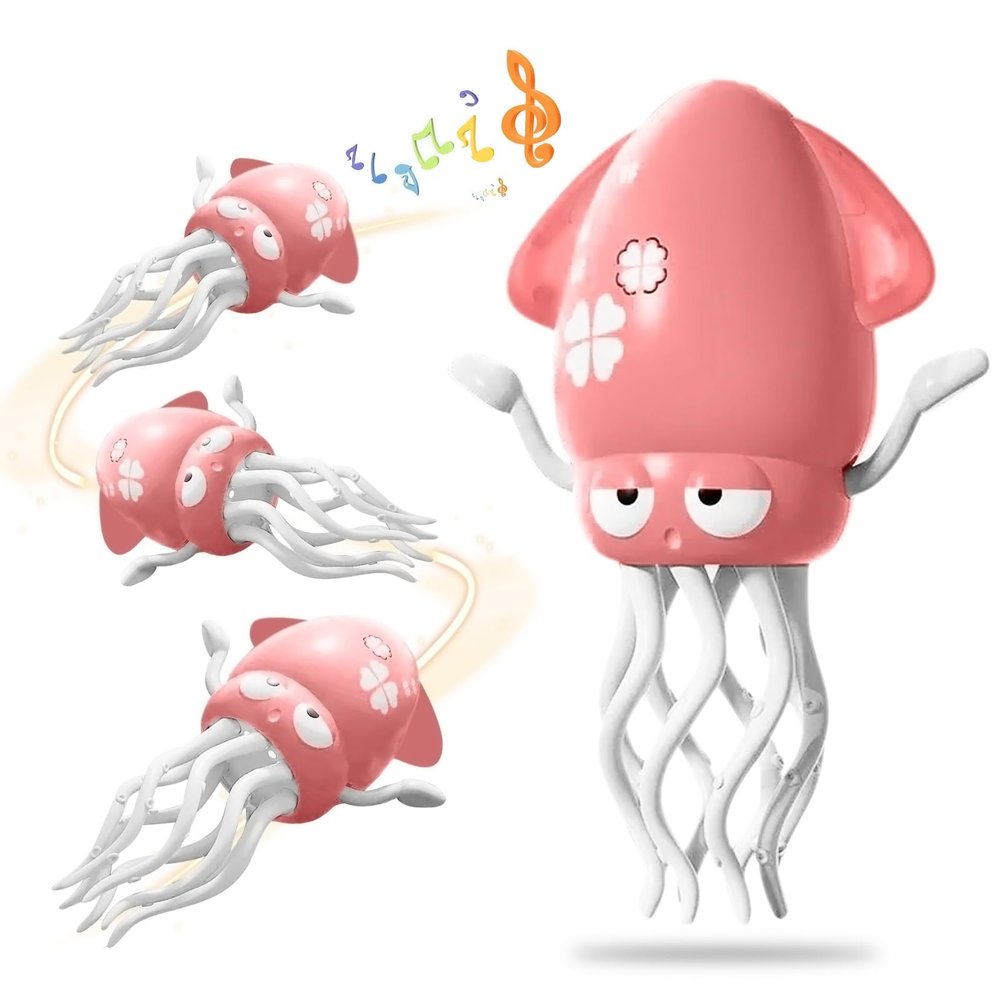 Dancing Octopus Toy Magic Electric Playful Tummy Time Toy, Auto Evasion Crawling Dancing Octopus with Fishing Rod for Baby Toddlers for 3 4 5 6 Year Old Kids Boy Girl Birthday Gifts (Pink)