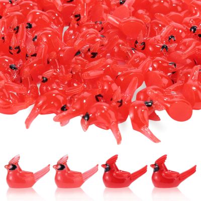 100pcs Mini Resin Cardinal Figurines, Small Red Cardinal Bird Figurines Miniature Animals Crafts for Dollhouse Christmas Cake Topper (Solid Color, Luminous)