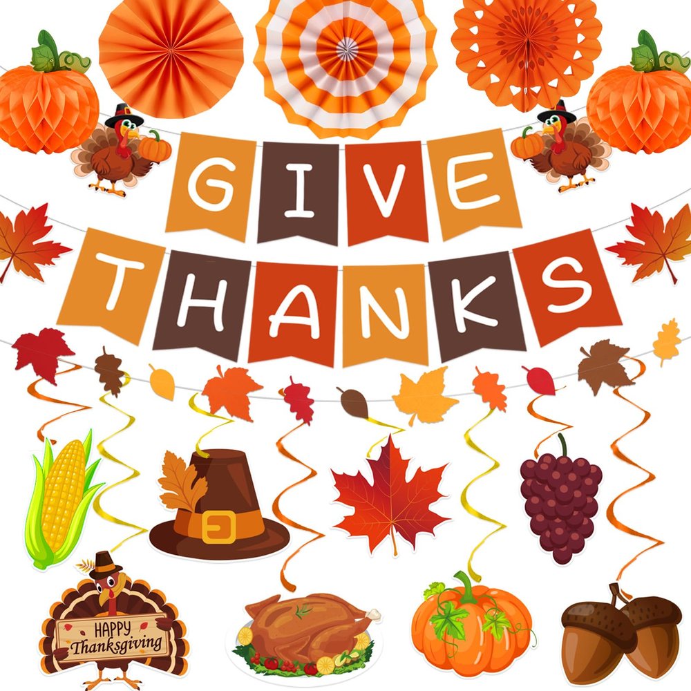 24Pcs Thanksgiving Decorations, Thanksgiving Party Decorations Include GIVE THANKS Banner Hanging Swirls Fall Garland for Thanksgivings Fall Home Office Home Wall Fall Party Decor