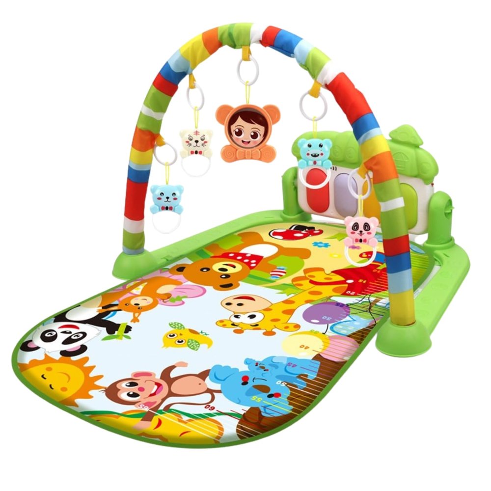 Game Blanket Baby Activity Gym Mat Musical Baby Play Mat Piano with Animal Rattle Toys (Green Zoo, Animal Print)