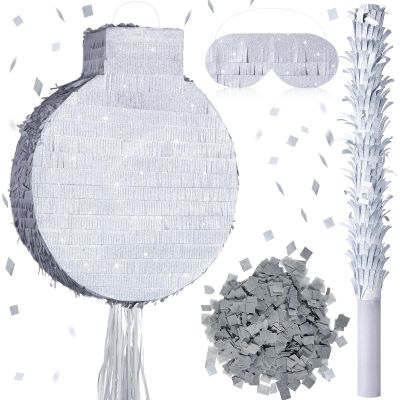 Gemscream Round Glitter Piata 18 Inch Shiny Large Circle Blank Piata with Stick Blindfold and Confetti for DIY Birthday Parties Game DIY Wedding Carnival Party Supplies(Silver)