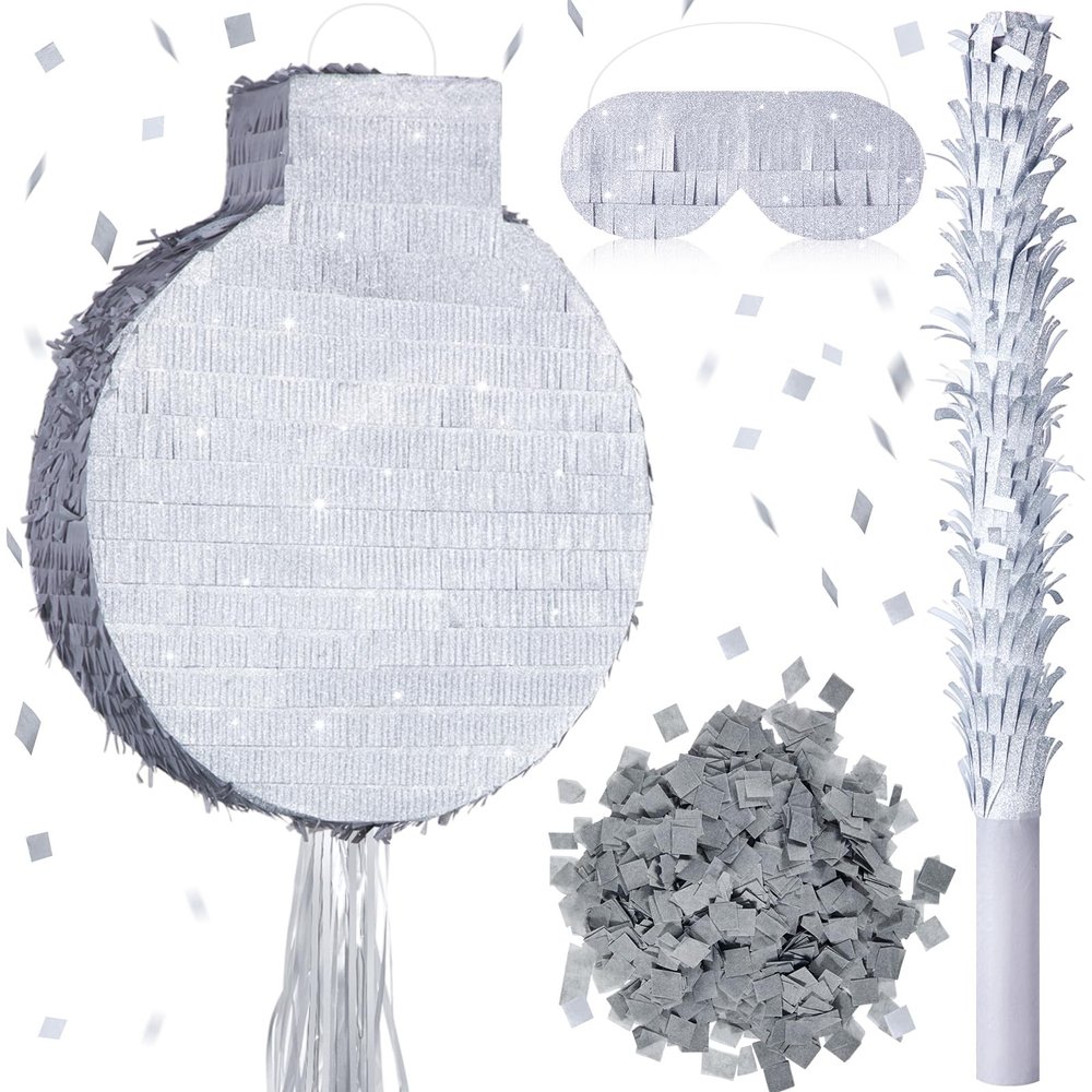 Gemscream Round Glitter Piata 18 Inch Shiny Large Circle Blank Piata with Stick Blindfold and Confetti for DIY Birthday Parties Game DIY Wedding Carnival Party Supplies(Silver)