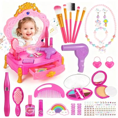 DRAMATION Princess Toddler Vanity Set, Portable Toddler Makeup Vanity with Music and Pretend Makeup Kit, Unicorn Jewelry, Mirror, Hairdryer,Princess Toys Birthday Gift for Girls for 3 4 5 Years Old