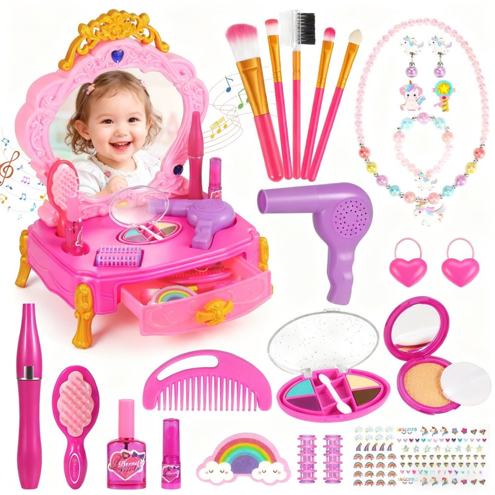 DRAMATION Princess Toddler Vanity Set, Portable Toddler Makeup Vanity with Music and Pretend Makeup Kit, Unicorn Jewelry, Mirror, Hairdryer,Princess Toys Birthday Gift for Girls for 3 4 5 Years Old