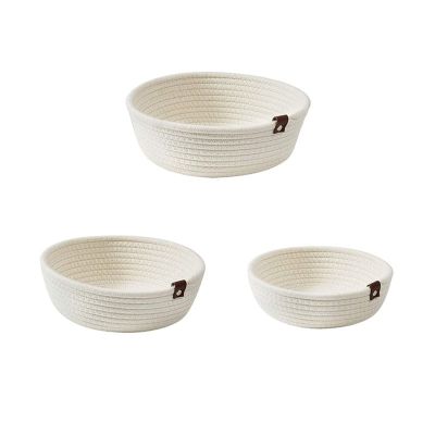 3pcs Small Woven Storage Basket, Cotton Rope Round Mini Storage Bins Bathroom Baskets Wedding Decor for Shelves, Nursery, Bathroom (White)