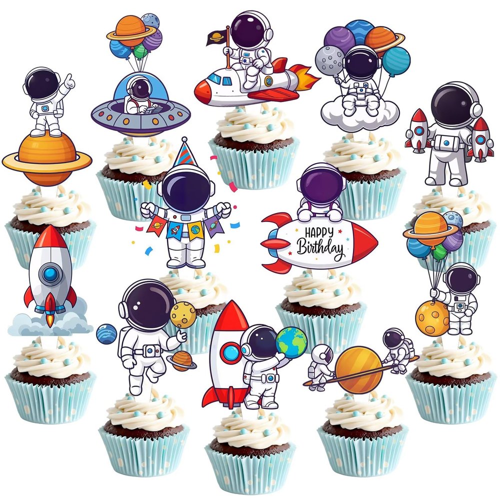 48 Pcs Outer Space Cupcake Toppers Space Themed Party Decorations Astronaut Birthday Party Decorations