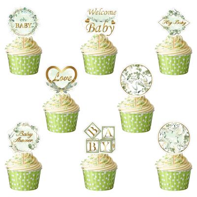 48 Pcs Greenery Cupcake Toppers, "Oh Baby" Sage Green Dessert Picks for Boy or Girl Baby Shower, Botanical Woodland Theme Party Decorations & Cake Supplies