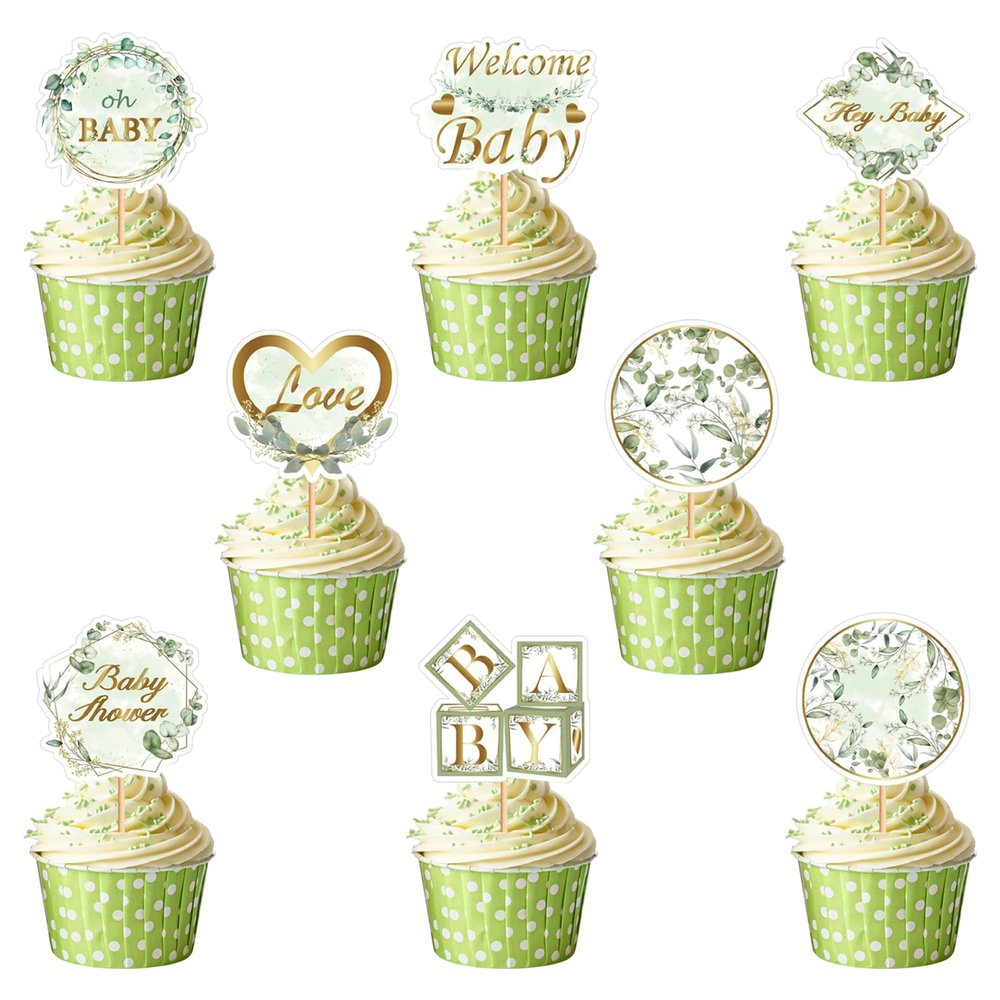 48 Pcs Greenery Cupcake Toppers, "Oh Baby" Sage Green Dessert Picks for Boy or Girl Baby Shower, Botanical Woodland Theme Party Decorations & Cake Supplies