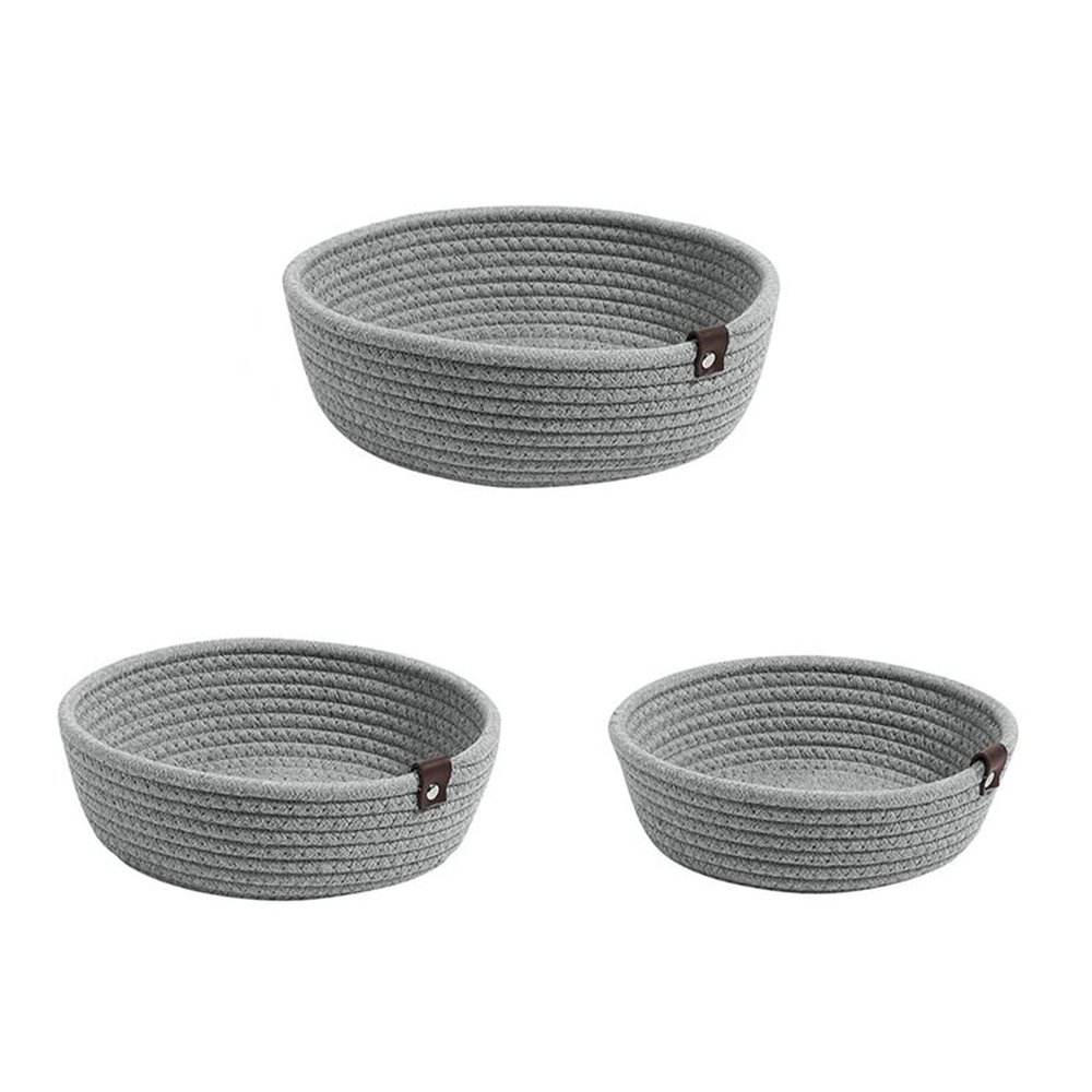 3pcs Small Woven Storage Basket, Cotton Rope Round Mini Storage Bins Bathroom Baskets Wedding Decor for Shelves, Nursery, Bathroom (Grey)