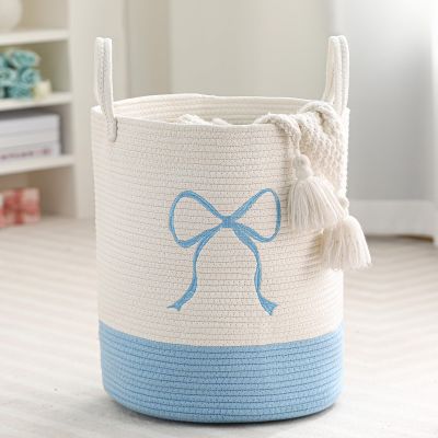 Honeydak Blue Laundry Basket Bow Hamper Coquette Laundry Basket Cotton Rope Blue Hamper 15 x 17.7 Inches Toy Box Large Coquette Bow Teens Girls Room Storage for Blanket Toys Clothes Organization