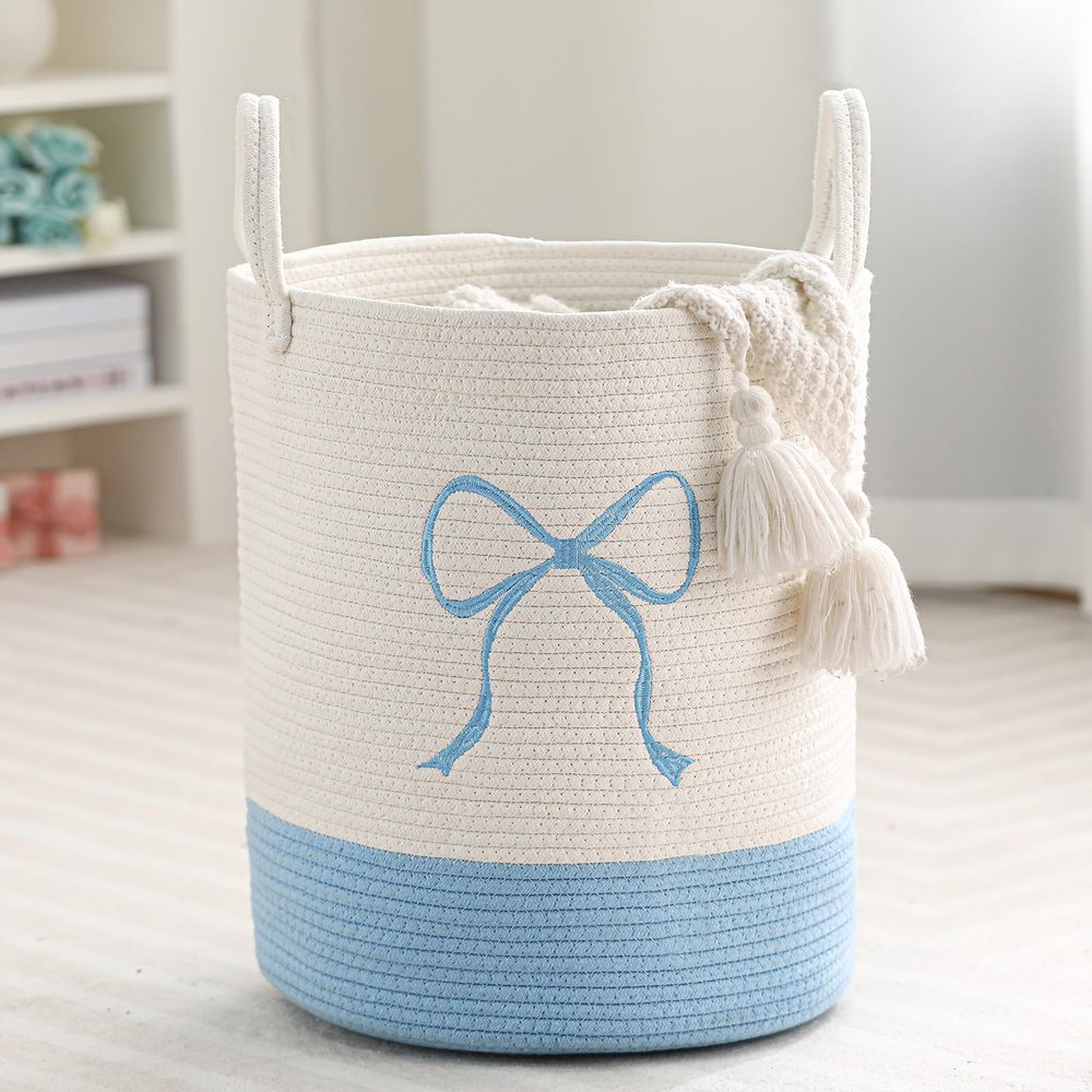 Honeydak Blue Laundry Basket Bow Hamper Coquette Laundry Basket Cotton Rope Blue Hamper 15 x 17.7 Inches Toy Box Large Coquette Bow Teens Girls Room Storage for Blanket Toys Clothes Organization