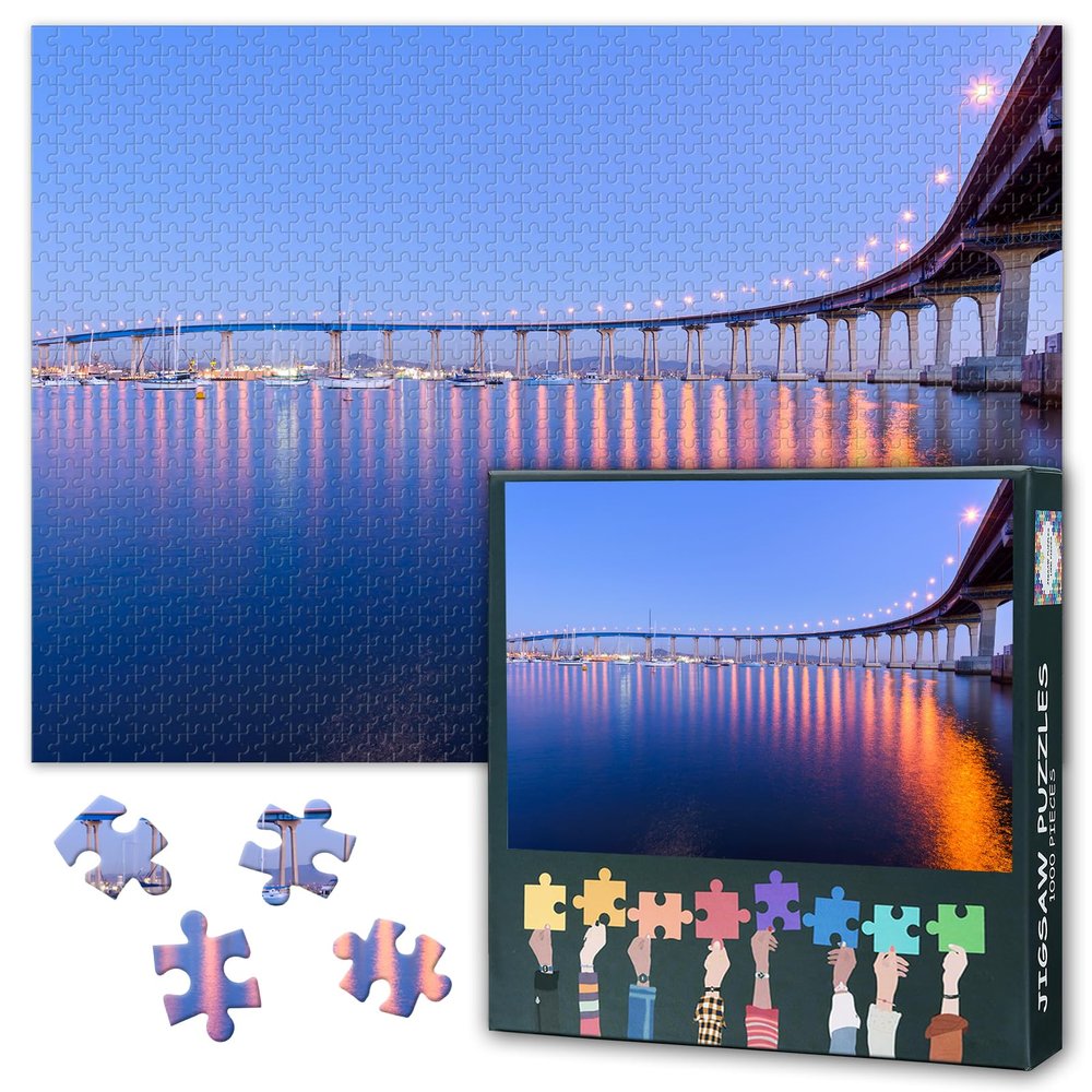 1000 Piece Jigsaw Puzzle for Adults Coronado Bridge at Dusk San Diego Bay California Scenic Cityscape Suspension Bridge Puzzle Wall Art Decor 27.5x19.7 Inch