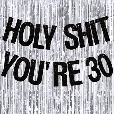 30th Birthday Decorations Banner for Women Men Pre-Strung Black Glitter Birthday Decoration Sign Funny Bday Supplies Banner