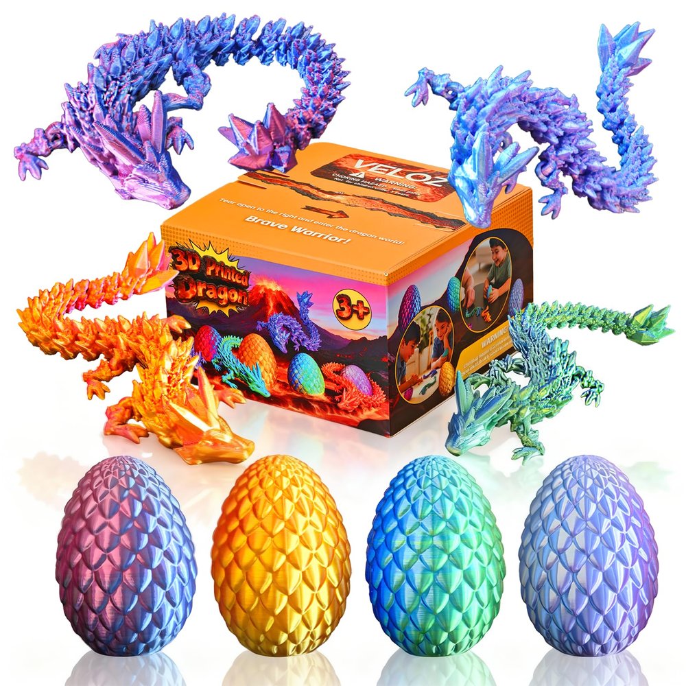 Veloz [4-Pack] Easter Basket Stuffers - Prefilled Dragon Eggs with 3D Printed Crystal Dragons Inside. Safe Rounded Edges Fidget Toys in Gift Box, Mystery Surprise for Kids