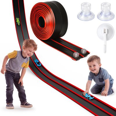 Flex Track 15 Ft Portable Flexible Race Car Track with Strong Suction Cups Compatible with 1/64 Diecast CarsEasy Storage, Indoor & Outdoor Play Flexible Car Tracks for KidsRed-Black