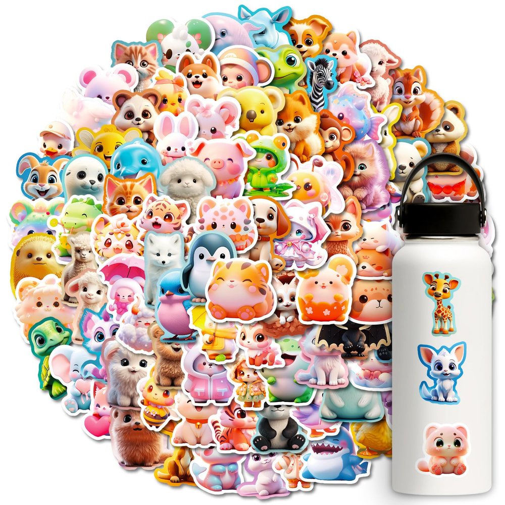 100PCS Animal Stickers Vinyl Cartoon Animals Stickers Waterproof Water Bottles Sticker for Laptop Hydroflask Journaling Classroom