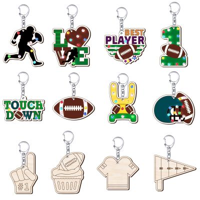 24Pack Wood Football Craft Kit, Unfinished Wooden Football Keychains with 24 Magnetic Stickers Blank DIY Crafts Wooden Hanging Ornaments Keychains for DIY Project Sport Themed Party Favors Decoration