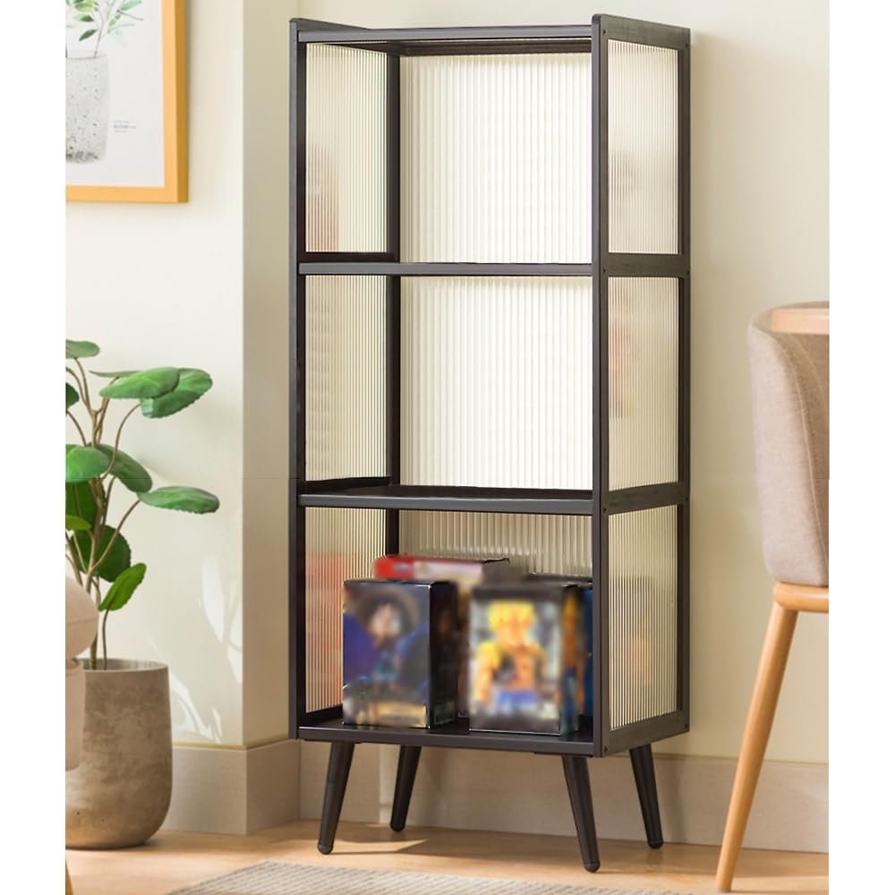 4 Tier Black Frame Figurine Storage Display Cabinet Acrylic Bookshelf Without Cabinet Door