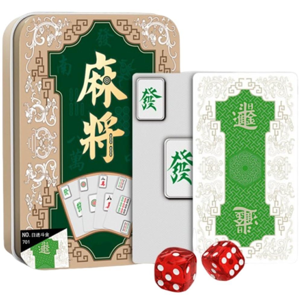 144sheets/set Portable Mahjong Cards Set with 2 Dice Thickened Mahjong Handheld Mahjong Cards with Iron Box