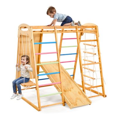 VEVOR Indoor Playground Jungle Gym, 7-in-1 Wooden Indoor Playground for Kids, 250LBS Montessori Climbing Toys Playset with Swing, Monkey Bar, Slide, Wooden Ladder, Rope Ladder, Climbing Net & Rock