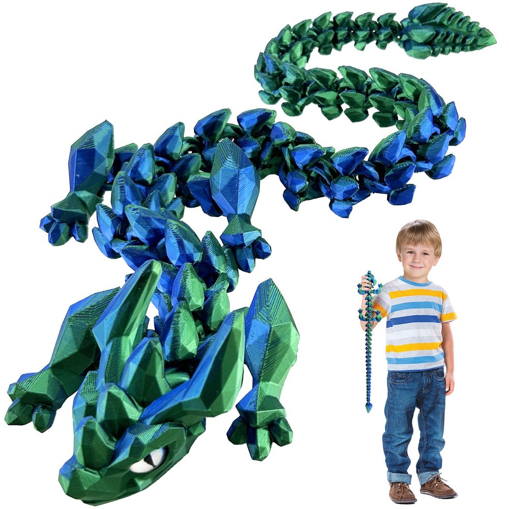 24in Medium 3D Printed Articulated Dragons Toy with Eyes, Stress Relief 3D Printed Toys for Anxiety & ADHD,Unique Mystery Crystal Fidget Animal for Home Office Decor Laser Green