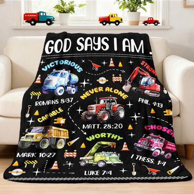 God Says I Am Construction Bible Verse Truck Blanket Gifts for Boys Toddlers Kids - Super Soft Fuzzy Flannel Throw Sheets Decor for Couch Sofa Nap Lap Travel Office - 120" X 90" for Whole Family