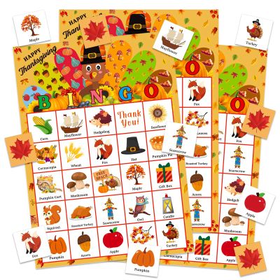 GMEMNOV Thanksgiving Bingo Game for Family Adults - 24 Players Turkey Bingo Games Cards Thanksgiving Party Supplies for School Classroom Family Activities