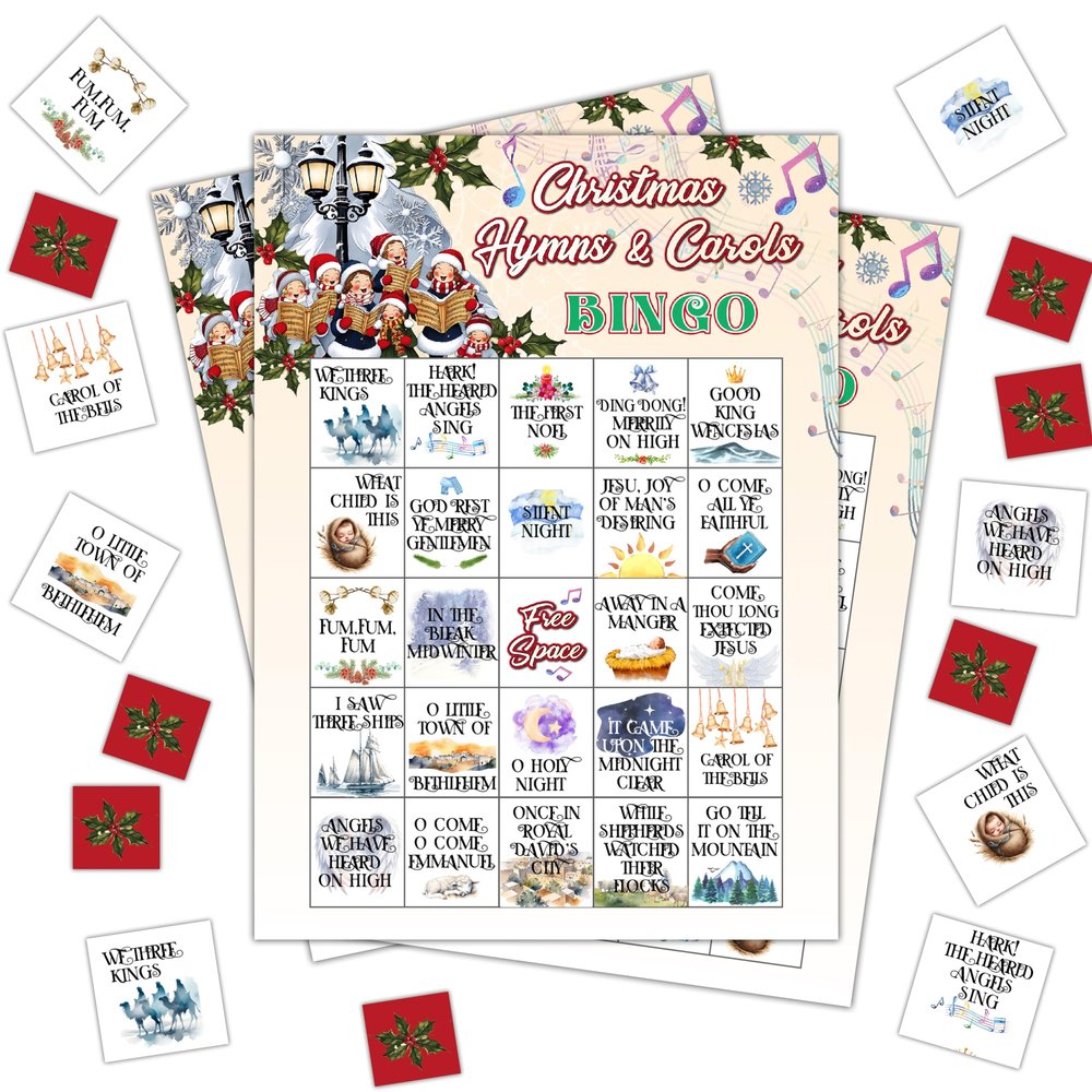 Christmas Carol Bingo Games, Christmas Music Party Bingo Cards for Adults, Holiday Game for Family Large Group Party, 24 Players Activities, 16