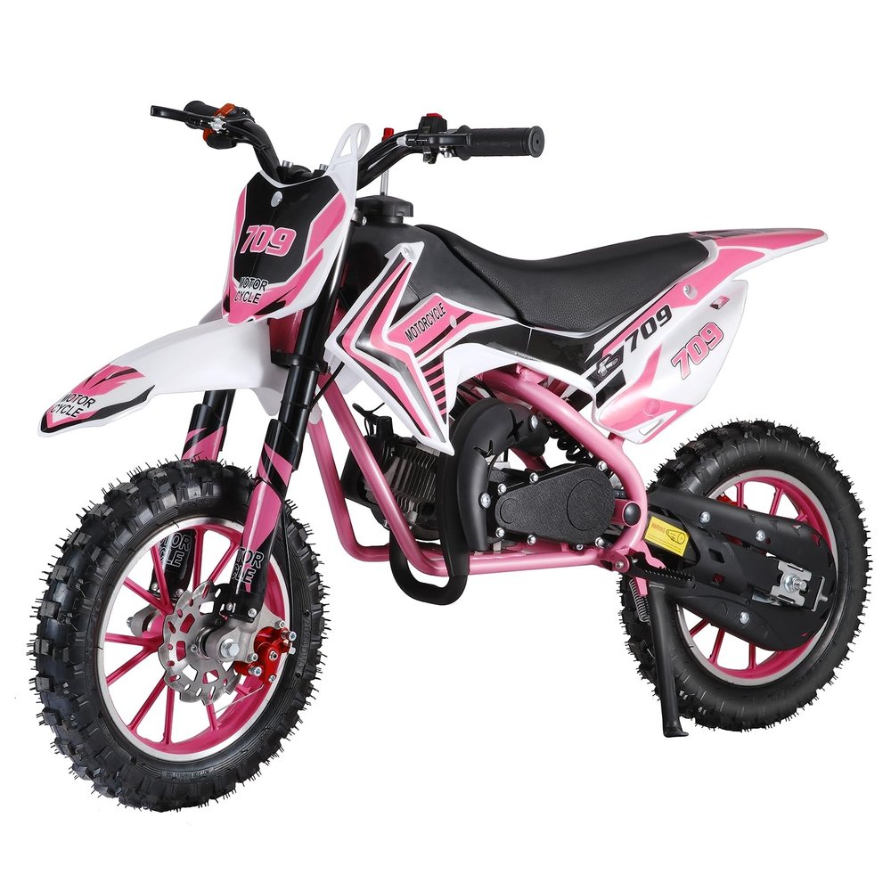 feneihe 50cc 2-Stroke Kids Dirt Bike Mini Motorcycle Gas Dirt Bike Pocket Rocket Bike, Gas Powered Motorcycle Off Road with Front Rear Disc Brakes, Max Speed 30KM/H, Birthday Gifts for Kids Pink