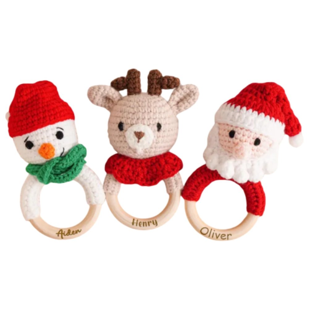 Personalized Christmas Crochet Baby Rattle Toy,Handmade Animal Rattle,Baby Shower Gift,Infant Grasping Toy,Santa