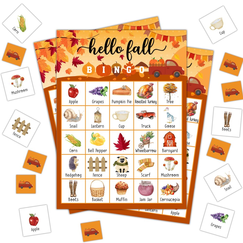 Thanksgiving Bingo Games, Hello Fall Party Bingo Cards for Adults, Friendsgiving Game for Family Large Group Party, 24 Players Activities, 14