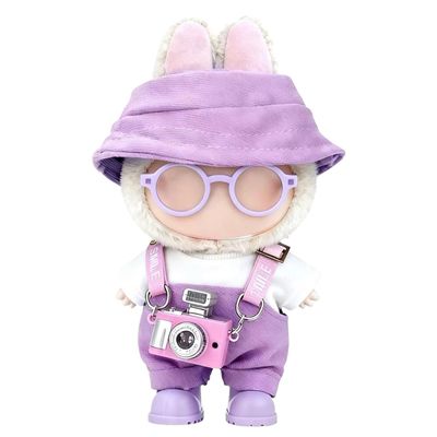 Clothes for LABUBU 17cm Doll (NO Doll)  6-Piece Set, Hat + Overalls + Shirt + Camera + Glasses + Shoes, Outfit for LABUBU, Premium Dolls Accessories for LABUBU (Purple)