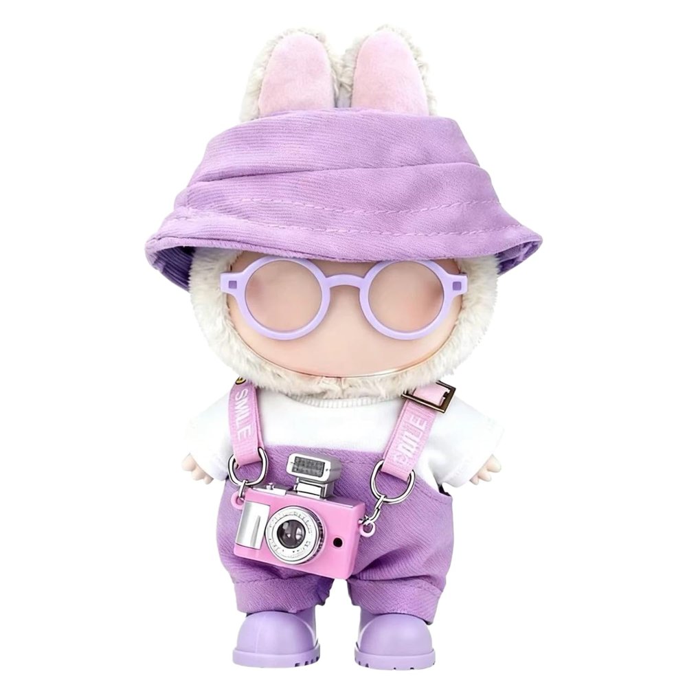 Clothes for LABUBU 17cm Doll (NO Doll)  6-Piece Set, Hat + Overalls + Shirt + Camera + Glasses + Shoes, Outfit for LABUBU, Premium Dolls Accessories for LABUBU (Purple)