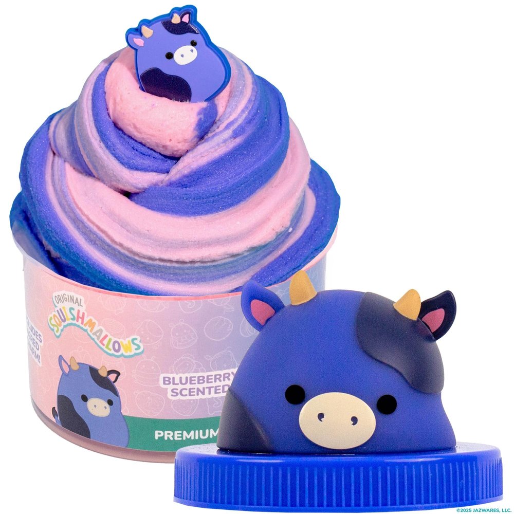 Original Squishmallows Ingrid The Cow Premium Cloud Slime, Blueberry-Scented, 8 oz., Storage Container with Figurine Topper, Rubber Charm, Goodie Bags Stuffers, Kids Party Favors, Sensory Toys
