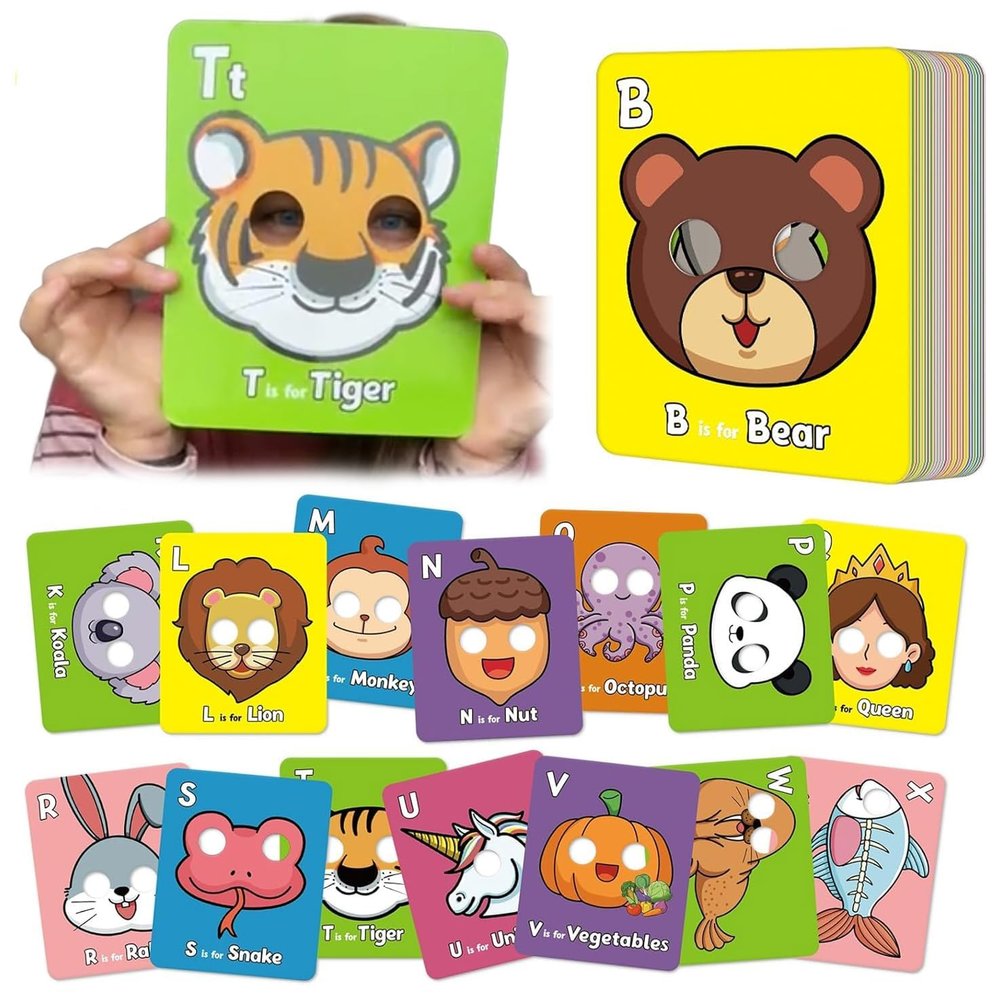 26 PCS Alphabet ABC Flash Cards with Animal Masks, Giant Colorful Alphabet Mask Cards, Interactive Education Games, Learn Letters, English Phrases