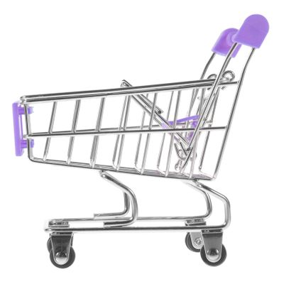 Toyvian Miniature Shopping Cart with Wheels Small Desk Storage Basket for Candy Pens Sundries Compact and Portable Purple Mini Supermarket Trolley for Home Office Cafe Decoration