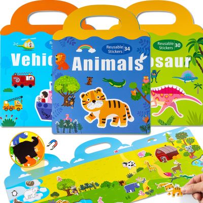 3 Pack Magnetic Reusable Sticker Book for Kids Ages 3-6, Vehicles, Farmhouse Animal, Dinosaur, 3 Hot Topics magnet Activity Book for Boys Girls Road Trip Airplane Train Travel Toy Birthday Gifts