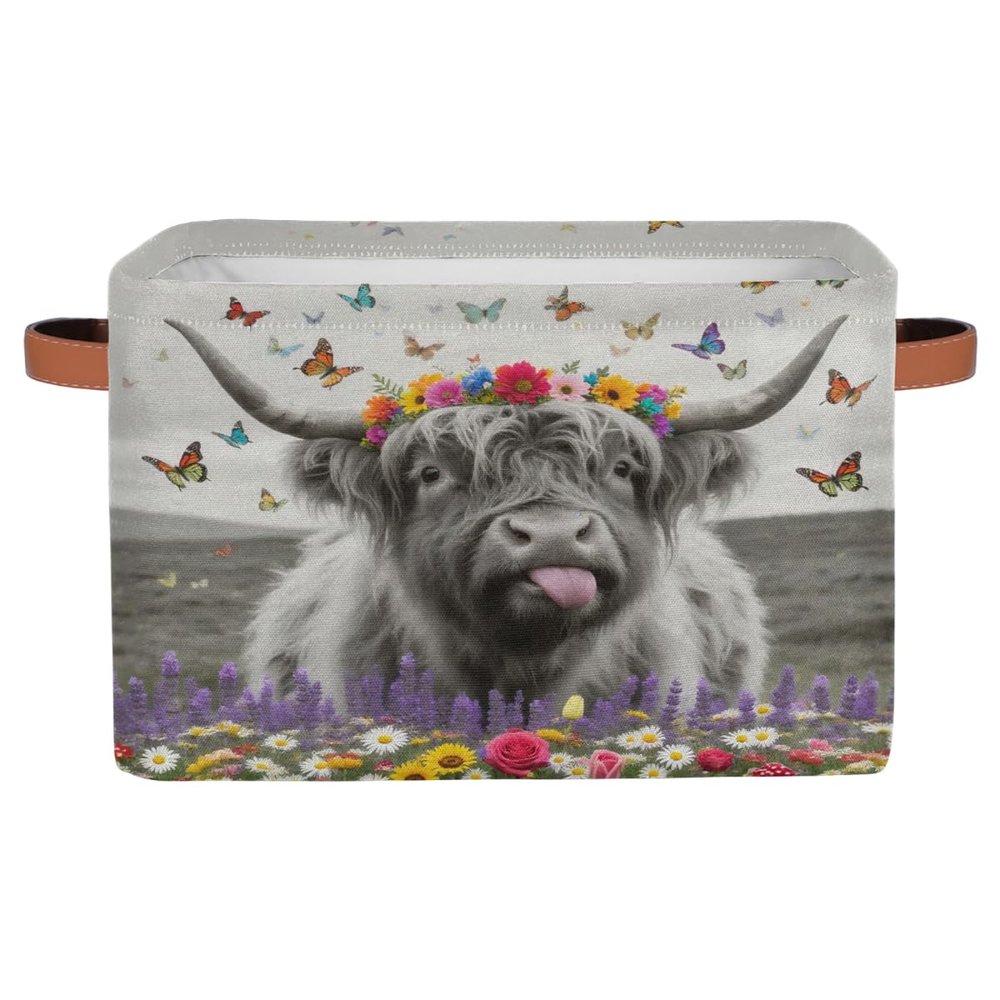 Ackutea Nursery Decor Storage Bins - Highland Cow Flower Large Collapsible Rectangle Shelf Closet Organizer Baskets for Kids Dirty Clothes, Bedroom,Bathroom,Toy Bin,Gift Basket