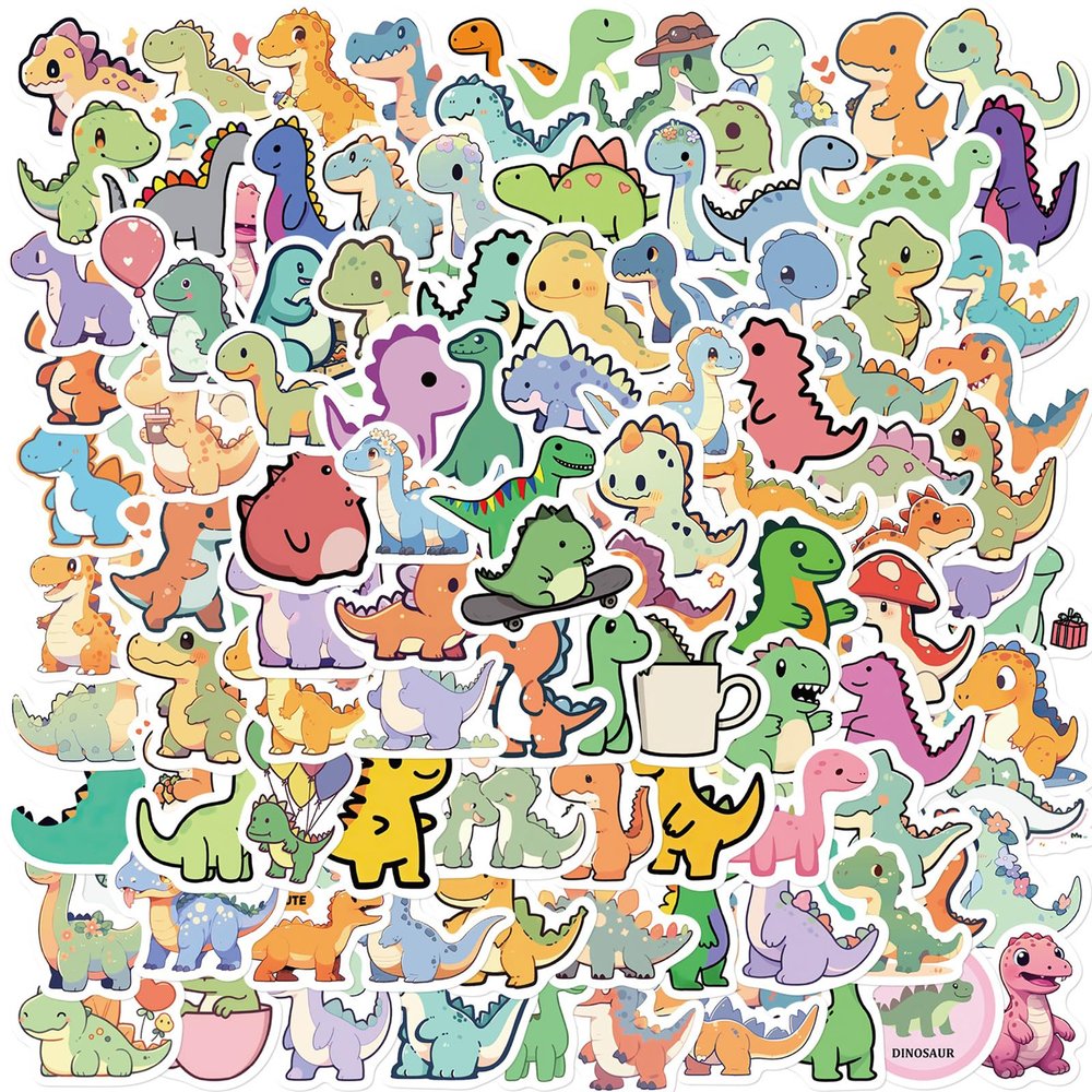 100 PCS Cute Dinosaur Stickers, Cartoon Small Dinosaur Stickers for Teens Adults, Waterproof Vinyl Dino Sticker for Water Bottle Laptop Party Favors Supplies (Dinosaurs)