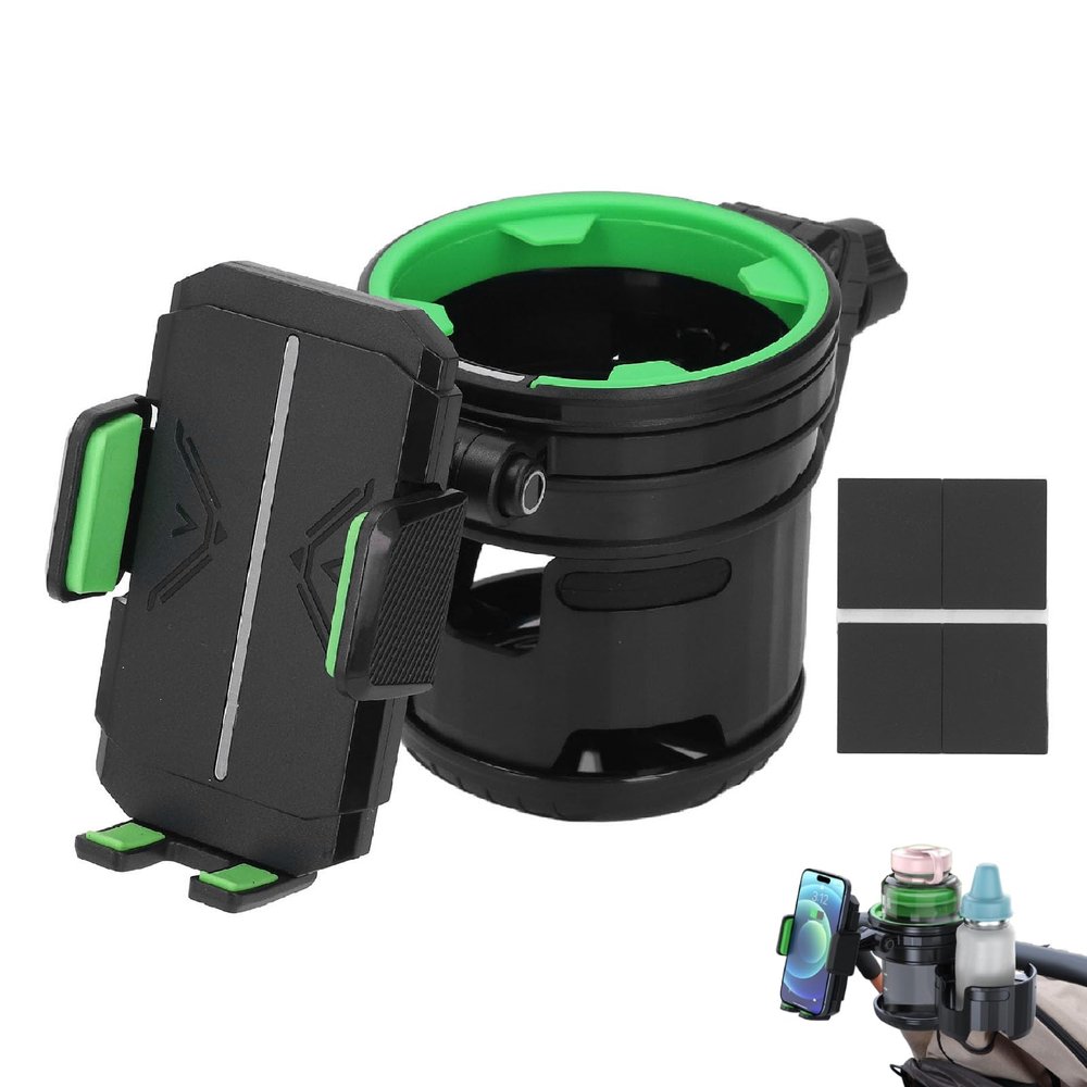 3 in 1 Universal Stroller Cup and Phone Holder, 360 Degree Rotation Dual Cup Groove Bottle Drink Holder for Scooter Bike (Green)