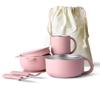 Bakpoco Kids Dinnerware Set - 6 Piese Toddler Plates and Suction Bowls Set with Kids Utensils&Cup, 2 IN 1 Stainless Steel & Silicone Baby Self Feeding Supplies, Blush view 1