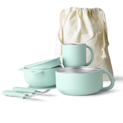 Bakpoco Kids Dinnerware Set - 6 Piese Toddler Plates and Suction Bowls Set with Kids Utensils&Cup, 2 IN 1 Stainless Steel & Silicone Baby Self Feeding Supplies, Sage