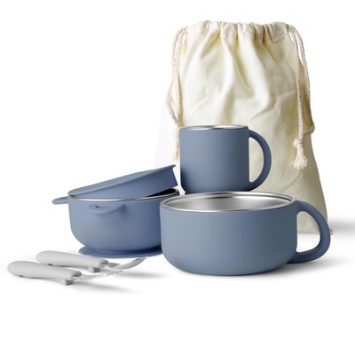 Bakpoco Kids Dinnerware Set - 6 Piese Toddler Plates and Suction Bowls Set with Kids Utensils&Cup, 2 IN 1 Stainless Steel & Silicone Baby Self Feeding Supplies, Navy