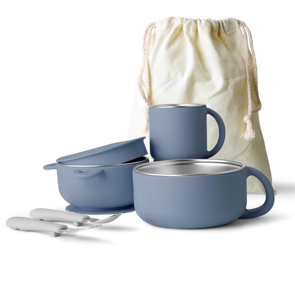 Bakpoco Kids Dinnerware Set - 6 Piese Toddler Plates and Suction Bowls Set with Kids Utensils&Cup, 2 IN 1 Stainless Steel & Silicone Baby Self Feeding Supplies, Navy