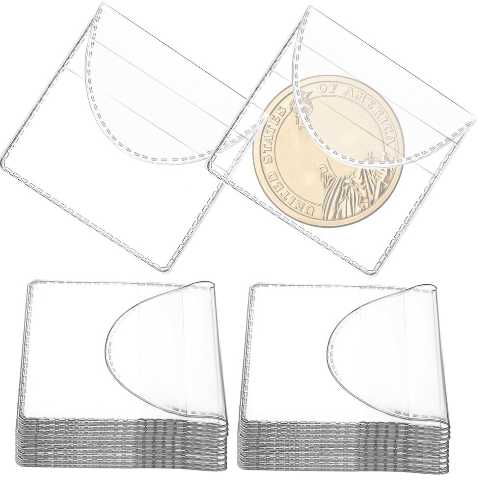 50PCS Single Pocket Coin Sleeves 2.2" x 2" Flips Clear Coin Protectors Individual Plastic Coins Protectors for Coins Stamp Jewelry Ring Earring Collection