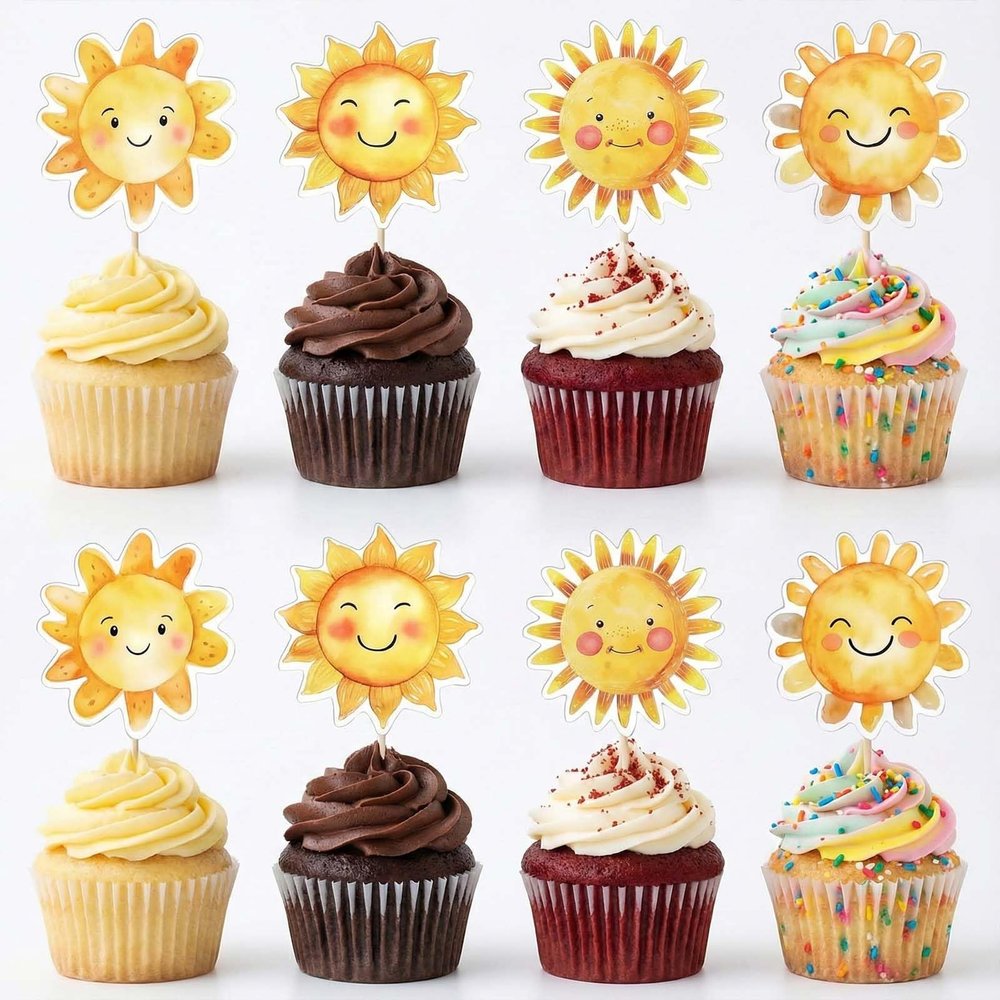 36 Pack Sun Cupcake Toppers, Sunny Cake Toppers, Fun Sun Cupcake Picks Cake Decoration for Summer Parties, Beach Events & Birthday Celebrations