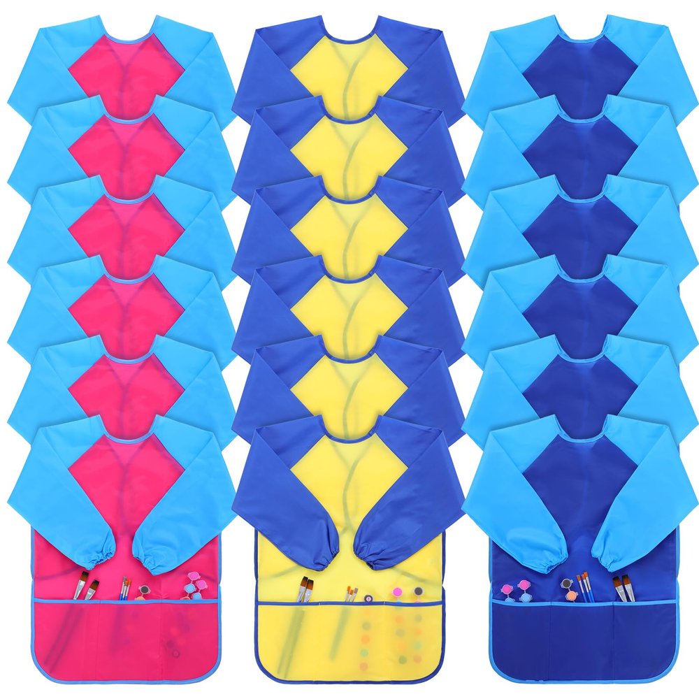 18Pcs Kids Art Smock, Waterproof Paint Smocks for Kids 3-5 with Long Sleeve 3 Pockets for Age 2-8 Years